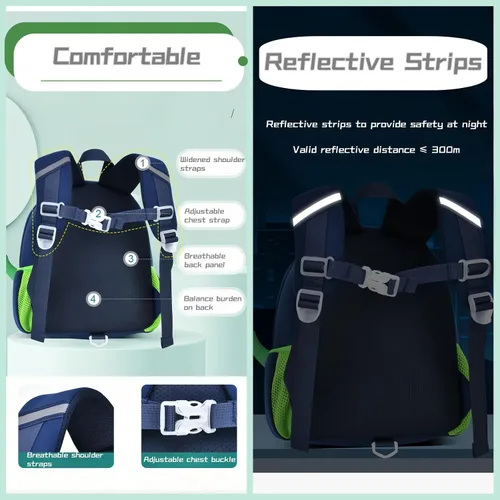 Vista 5 de Mochila de dinosaurio antipérdida para niños y niñas con correa de seguridad, B-azul+verde oscuro, Mochilas Daypack