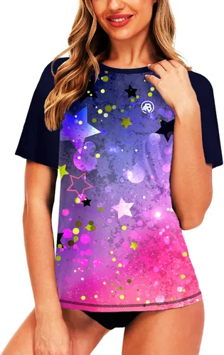 Vista 105 de AOBUTE Camisetas de natación de manga corta para mujer con protección solar degradada