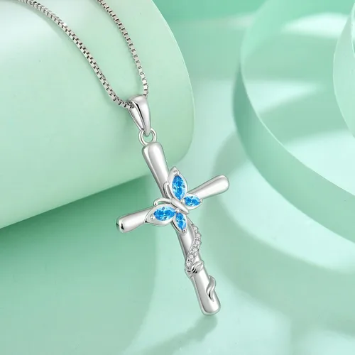 Vista 3 de Blaniy Collar de cruz para mujer, plata de ley 925, collar de mariposa, piedra natal, colgante de piedras preciosas creadas, regalos para mujeres