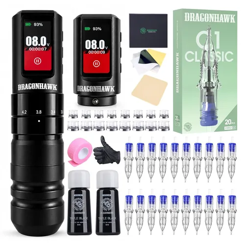 Vista 11 de Dragonhawk Kit de tatuaje inalámbrico A3 Pro, máquina de bolígrafo de 7 Rojo rosa