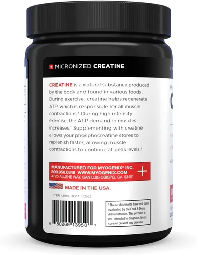 Vista 4 de Myogenix Monohidrato de creatina, polvo de creatina pura para fuerza y resistencia, apoya la producción de ATP y la fuerza muscular, sin aditivos