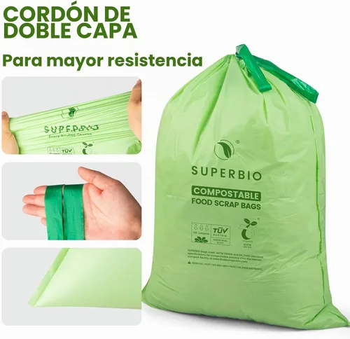 Vista 5 de SUPERBIO Bolsas de Basura de Cocina Compostables con Cordón de 8 Galones, 30.3 Litros, 30 Unidades, 1 Mil, Bolsas de Basura de Alimentos