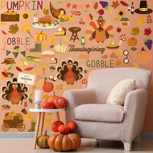 Vista 5 de Qeeenar 115 calcomanías de pared de Acción de Gracias de otoño, calcomanías de hojas de arce de pavo, calcomanías de calabaza de otoño, decoración