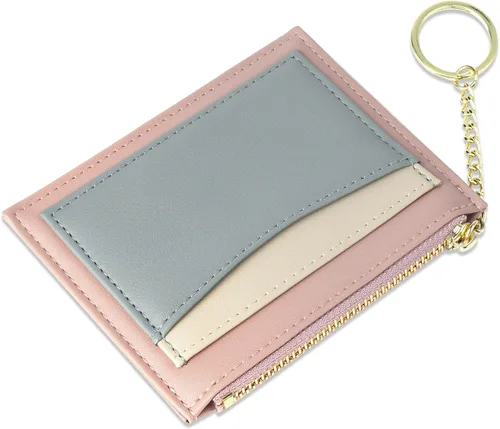 Vista 64 de URAQT Cartera para tarjetas de crédito, cartera minimalista de cuero delgado con cremallera, mini protector de tarjeta de crédito, llavero bolsillo