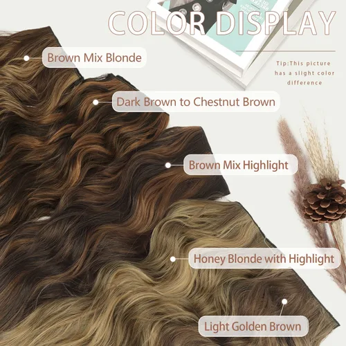 Vista 5 de Extensiones de cabello largo ondulado rubio miel con reflejos, línea de pescado transparente, postizo sintético con 4 clips de seguridad, diadema