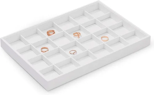Vista 5 de Oirlv - Bandeja apilable de piel sintética color blanco de calidad prémium para joyas, 24 rejillas, organizador de cajones, bandejas para anillos