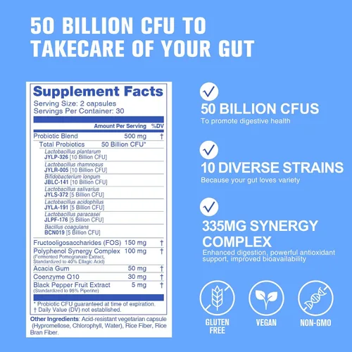 Vista 2 de Probióticos 60 mil millones de UFC, 10 cepas, apoya la digestión y el sistema inmunológico Sin OMG, sin gluten, 60 cápsulas