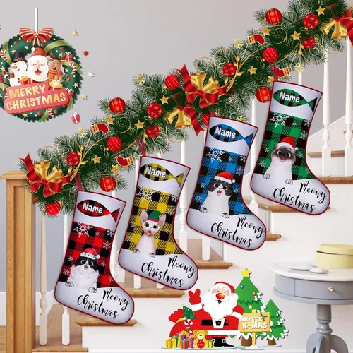 Vista 6 de Calcetines de Navidad personalizados para perros y gatos, 42 patrones de perros y mascotas, calcetines de Navidad personalizados con nombres, adorno