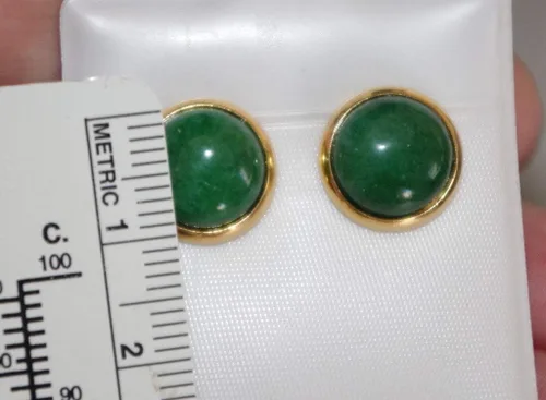 Vista 8 de CHINESE GREEN JADE ROUND DOME 12MM VINTAGE GENUINE 14K GF STUD EARRINGS