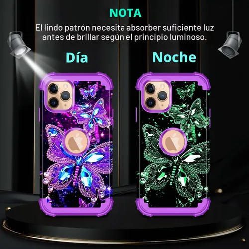 Vista 3 de Miqala Funda para iPhone 11 Pro Max, que brilla en la oscuridad, tres capas, resistente, a prueba de golpes, protección de cuerpo completo Mariposa