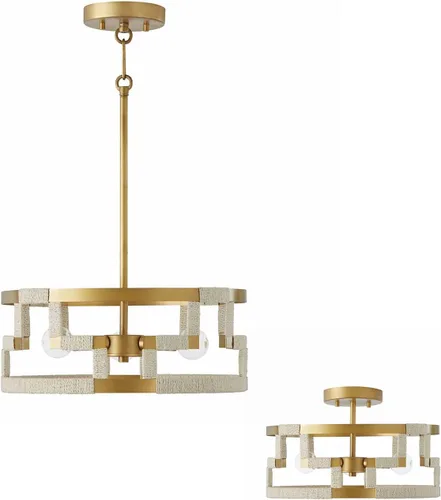 Vista 5 de Capital Lighting 241031NL Hala - Lámpara de techo convertible con tambor de yute natural blanqueado inspirado en llave griega, 3 luces, 180 vatios