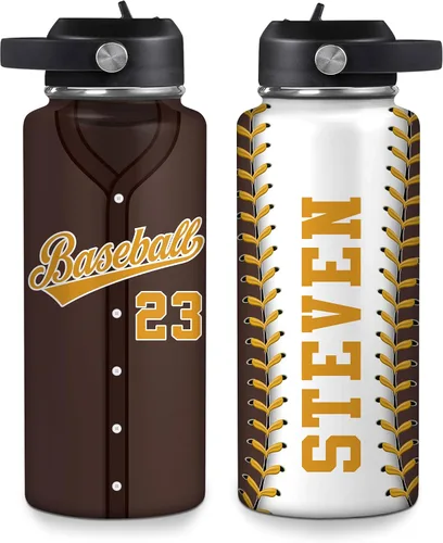 Vista 27 de Hyturtle Botella de agua de béisbol personalizada, botella de acero inoxidable aislada de viaje con tapa a prueba de fugas, 18 onzas, 32 onzas