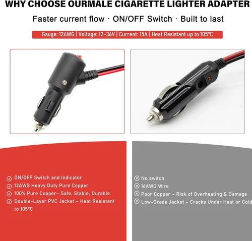 Vista 5 de Adaptador de encendedor de cigarrillos macho a terminal de anillo de batería de 3.3 pies, 12 V/24 V, enchufe de encendedor de cigarrillos resistente