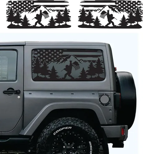 Vista 7 de Compatible con Jeep Wrangler JL (2 puertas) 2018-2023 Vinilos para ventanas precortados con bandera americana y escenas de montaña y bosque al aire