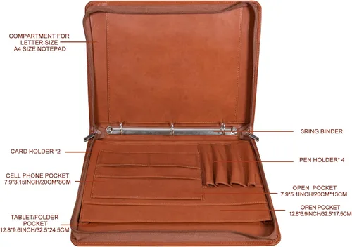 Vista 4 de AZXCG Nombre grabado gratis, Padfolio PU cuero 3 anillos, cartera de negocios con almohadilla de escritura A4, regalo corporativo, marrón