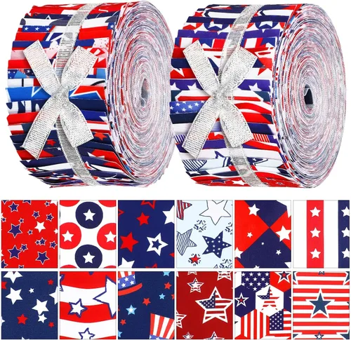 Vista 8 de Hosuly 40 piezas de tela patriótica del 4 de julio, tela roja, blanca y azul, bandera estadounidense, estrella, tira de acolchado de 2.55 pulgadas