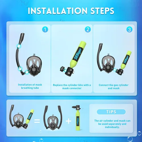 Vista 5 de Máscara de snorkel Mini tanque de buceo 0.5L hasta 6 minutos de respiración submarina dentro de 30 pies de profundidad de buceo pequeño tanque