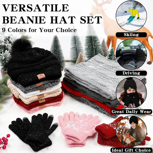 Vista 7 de Winter Beanie Hat Scarf Gloves Set, Soft Fleece Knit Hat Warm Touchscreen Gloves Neck Warmer Thick Scarves Gifts for Women