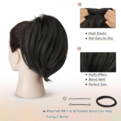 Vista 6 de BARSDAR 2 piezas de cabello de moño desordenado de color negro natural + extensión de moño de cabello lacio