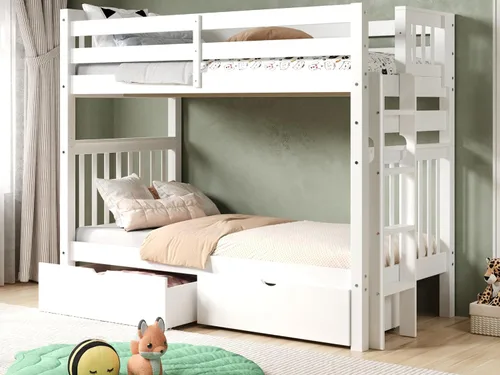 Vista 11 de Bedz King Literas altas de tamaño individual sobre individual, estilo Mission con escalera lateral y 2 cajones debajo de la cama, color cereza oscuro