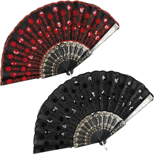 Vista 14 de InnoLife Elegante abanico de mano plegable con flores bordadas y patrón de pavo real con lentejuelas en tela artesanal (5 piezas, rojo)