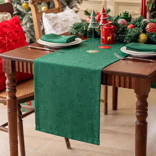 Vista 15 de Joyfol Day Caminos de Mesa Jacquard Verde de Navidad, Camino de Mesa Floral de Damasco Impermeable para Navidad, Vacaciones, Festival de Invierno