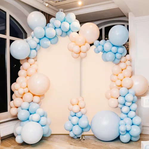 Vista 4 de Peryiter 4 fundas de telón de fondo de arco de elastano, beige, para decoración de cumpleaños de boda, 7.2 pies, 6 pies, 5 pies, 4 pies incluidos