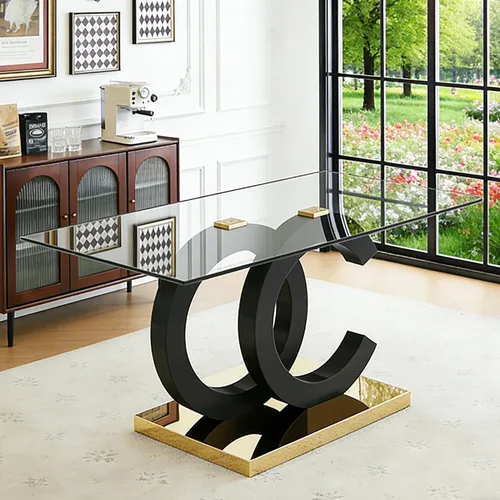 Vista 10 de Ebullient Mesa de comedor de vidrio de 63 pulgadas, mesa de cocina rectangular de vidrio con base de diseño OC negro, mesa de comedor con parte