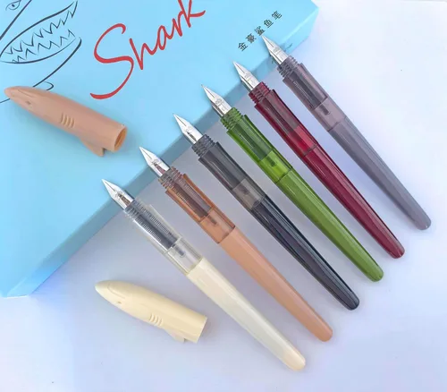 Vista 3 de Jinhao Shark - Pluma estilográfica, paquete de 12 puntas EF, tonos apagados retro (marfil, borgoña, gris, negro transparente, aguacate, té), estuche