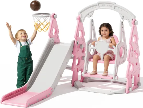Vista 9 de XJD - Juego de tobogán y columpio 5 en 1 para niños pequeños, tobogán para niños de 1 año en adelante, juego de exterior para niños pequeños con aro