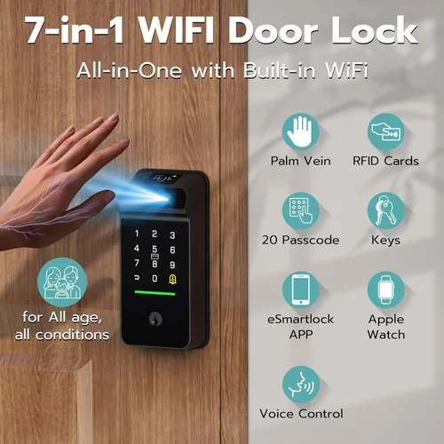 Vista 5 de Cerradura inteligente de Palm Vein, cerradura inteligente WiFi con timbre, cerradura de puerta de entrada sin llave con huella digital, cerrojo