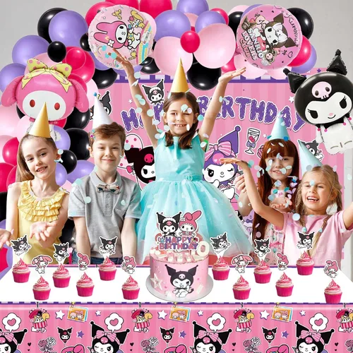 Vista 7 de Suministros para fiestas de cumpleaños Kawaii, las decoraciones para fiestas Kawaii incluyen kit de arco de guirnalda de globos, globos de látex