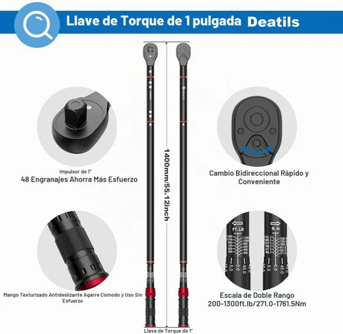 Vista 3 de SUERCUP Llave dinamométrica de clic de 1 pulgada, 200-1300Ft-Lb/271