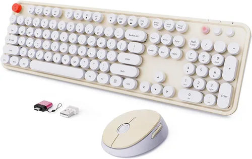 Vista 10 de SkyGive - Combo de teclado y mouse inalámbricos, teclado ergonómico de tamaño completo con diseño retro tipo máquina de escribir, con teclas