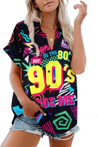 Vista 2 de MYHALF Traje de los años 80 para mujer, camisas de neón de los años 80, trajes de fiesta temática de los años 80 y 90, trajes retro de manga corta