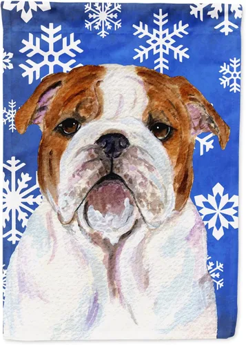 Vista 154 de Caroline's Treasures SC9374GF Bulldog English Snow flakes Holiday Garden Flag Buzón Bandera decorativa para patio exterior, patio, obras de arte