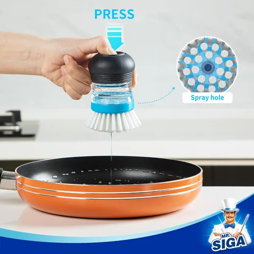 Vista 3 de MR.SIGA Cepillo dispensador de jabón, cepillo de cocina para limpiar platos, ollas, sartenes, fregaderos, paquete de 1, azul marino y azul
