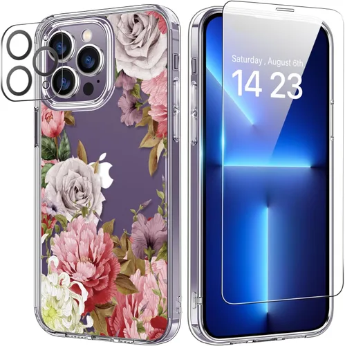 Vista 70 de bicol Funda para iPhone 14 Plus con Protector de Pantalla y Lente de Cámara - Diseños Florales de Moda para Mujeres y Niñas - Funda Transparente
