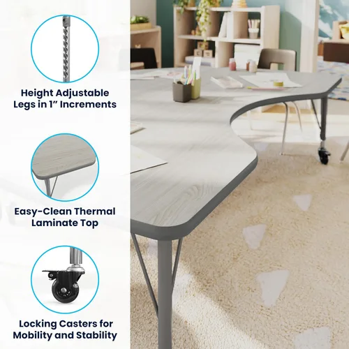 Vista 4 de Flash Furniture 72" x 48" Kidney Activity Table, Light Gray, Casters
