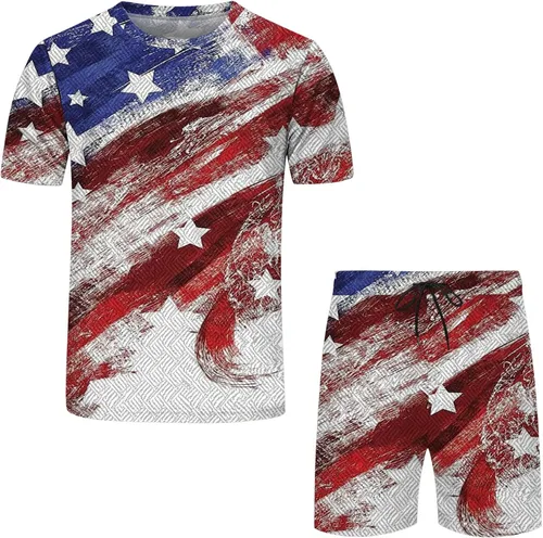 Vista 4 de Traje deportivo casual para hombre, diseño de bandera estadounidense, 2 piezas, conjunto de chándal para el 4 de julio, conjunto de camiseta