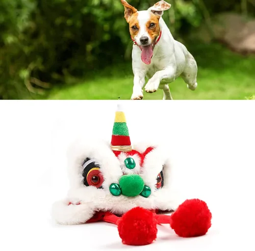 Vista 4 de Sombrero para perro, sombrero de león para mascotas de celebración de estilo chino, lindo sombrero de baile de león para perro ajustable para Año