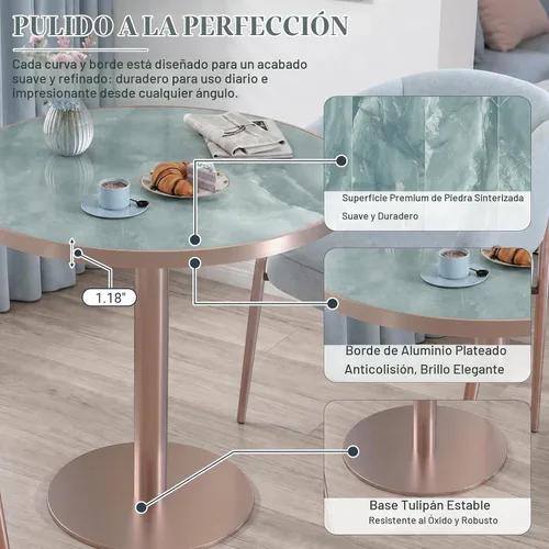 Vista 5 de Mesa de tulipán de 31.5 pulgadas, mesa de comedor redonda con mesa de Aqua Jade (oro rosa)