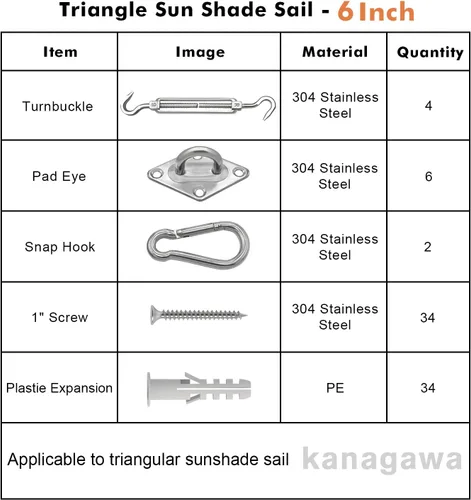 Vista 2 de KANAGAWA Kit de accesorios para toldo de 6 pulgadas para instalación de toldo rectangular triangular, acero inoxidable 304 antioxidante para jardín