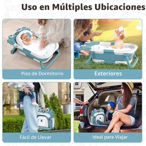 Vista 6 de Bañera plegable para bebés recién nacidos con termómetro y almohadilla flotante suave Bañera portátil y plegable para viajes para bebés de 0 a 36