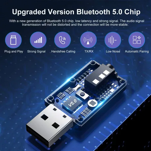 Vista 2 de Adaptador auxiliar Bluetooth para automóvil, receptor de música estéreo inalámbrico 5.0 con cancelación de ruido, kits de automóvil manos libres