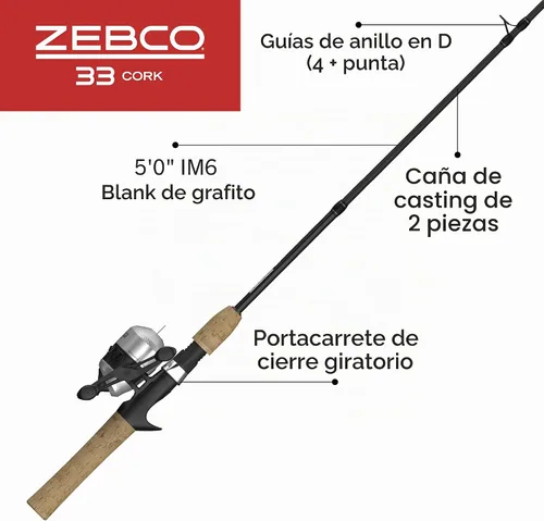 Vista 2 de Zebco 33 Combo de Carrete y Caña de Pescar con Corcho, Caña de Grafito con Mango de Corcho, Carrete de Pesca QuickSet Anti-Reversa con Alerta