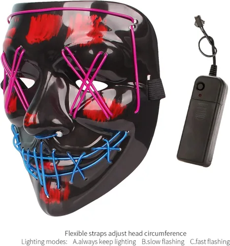 Vista 4 de Disfraz de Halloween, máscara de terror LED iluminada para fiesta, Púrpura + Azul, talla única