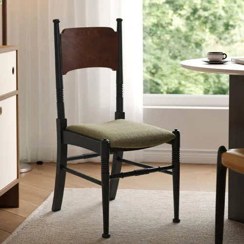 Vista 5 de Sillas de comedor de madera estilo rústico retro con cojín de asiento de tela tapizada respaldo alto curvado cocina moderna