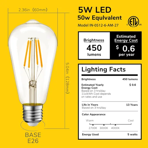 Vista 2 de Inlight ST19 Bombilla LED regulable de 5 W, base E26, blanco cálido (2700 K), paquete de 6, bombilla Edison vintage equivalente a 50 vatios