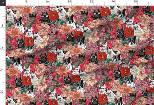 Vista 2 de Spoonflower Tela - Frenchie Florals Bulldog Francés Flores Rojas Rosadas Perros No Deportivos Impresos en Tela de Gasa Barrio Grasa - Costura Ropa